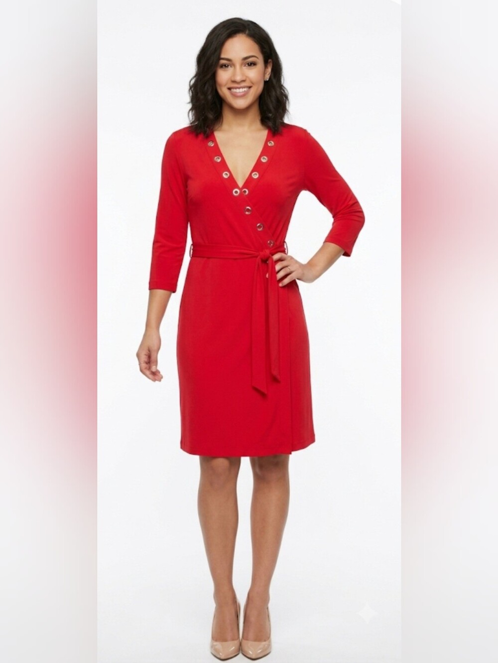 Calvin Klein Women's Red Wrap Dress Slinky Belt Grommets  Size 10 Pre-Owned